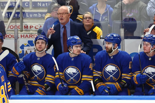 Buffalo Sabres head coach Lindy Ruff looks on during the third period of an NHL hockey game against the Ottawa Senators Tuesday, March 25, 2025, in Buffalo, N.Y. (AP Photo/Jeffrey T. Barnes)