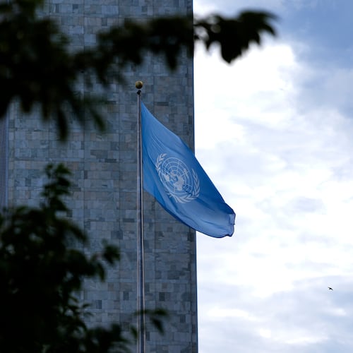 The flag of the United Nations flies during the United Nations General Assembly (UNGA) at the UN headquarters, Monday, Sept. 21, 2026. (Justin Tang/The Canadian Press via AP)