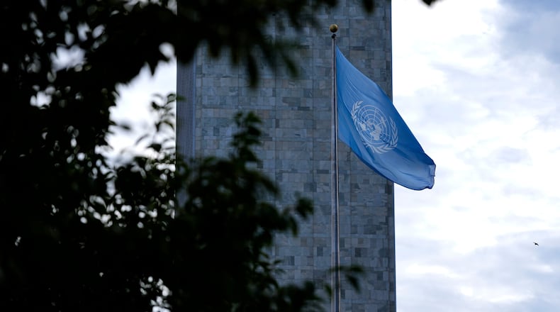 The flag of the United Nations flies during the United Nations General Assembly (UNGA) at the UN headquarters, Monday, Sept. 21, 2026. (Justin Tang/The Canadian Press via AP)