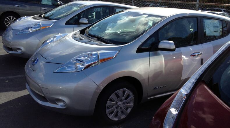 Nissan Leafs on the lot: 2015 models have a distinctive nose.