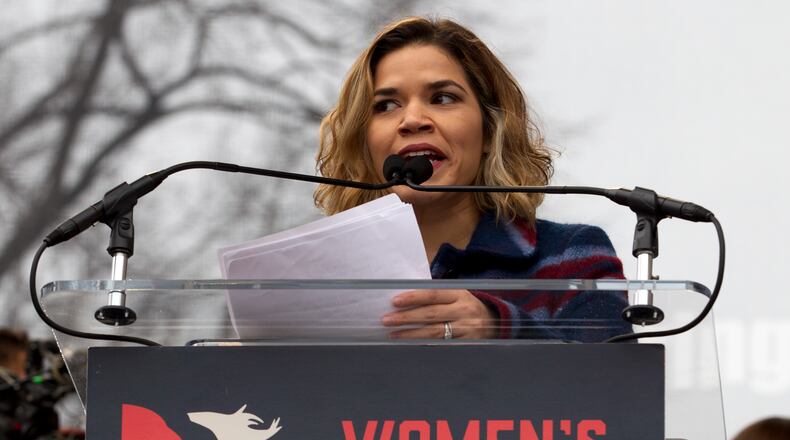 Actress America Ferrera speak to the crowd during the Women's March on Washington, Saturday, Jan. 21, 2017 in Washington. (AP Photo/Jose Luis Magana)