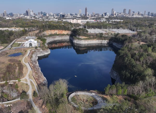 Aerial photo shows the reservoir at newly renamed Shirley Clarke Franklin Park, Thursday, March 28, 2025, in Atlanta. The city’s 58th mayor was officially honored with the unveiling of Shirley Clarke Franklin Boulevard on a portion of Central Avenue SW, and the renaming of Westside Reservoir Park to Shirley Clarke Franklin Park. (Hyosub Shin / AJC)