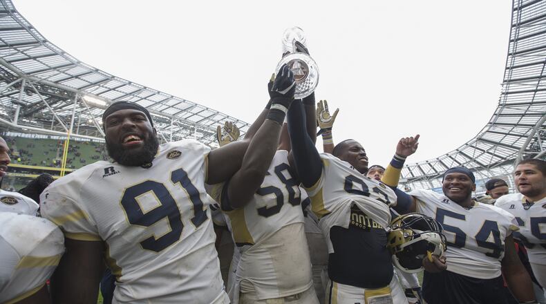 DUBLIN, IRELAND - SEPTEMBER 03: Patrick Gamble, Freddie Burden, Antonio Simmons, Kyle Cerge-Henderson and Trey Klock of Georgia Tech celebrate victory over Boston College in the Aer Lingus College Football Classic Ireland 2016 at Aviva Stadium on September 3, 2016 in Dublin, Ireland. (Photo by Patrick Bolger/Getty Images) *** BESTPIX ***