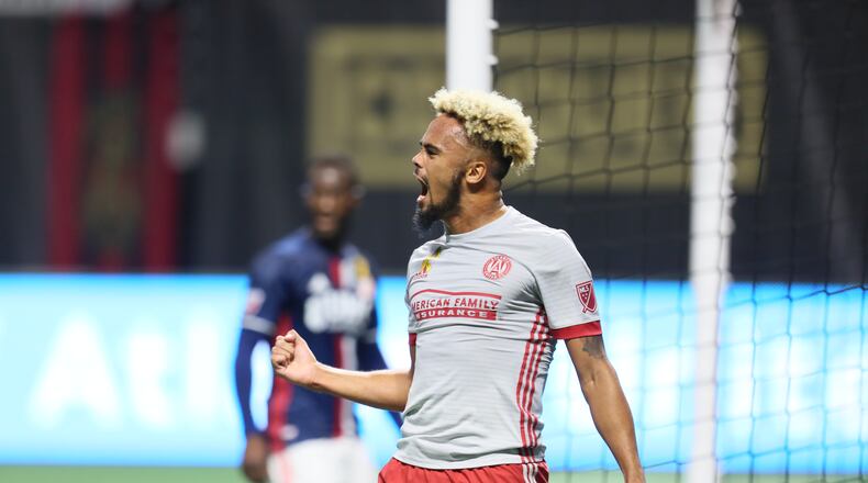 September 13, 2017 Atlanta. Atlanta United defender Anton Walkes reacts after scoring the  four goal of the team on stoppage time during the first half giving the Atlanta United a comfortable lead of four to nothing against the New England Revolution.