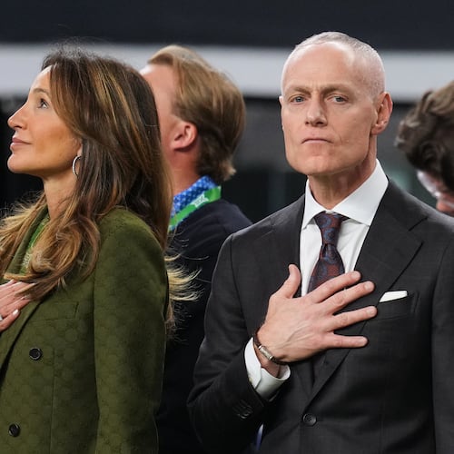 Big 12 Commissioner Brett Yormark stands on the sideline during the playing of the national anthem before the first half of a Big 12 Conference championship NCAA college football game between BYU and Texas Tech Saturday, Dec. 6, 2025, in Arlington, Texas. (AP Photo/Julio Cortez)