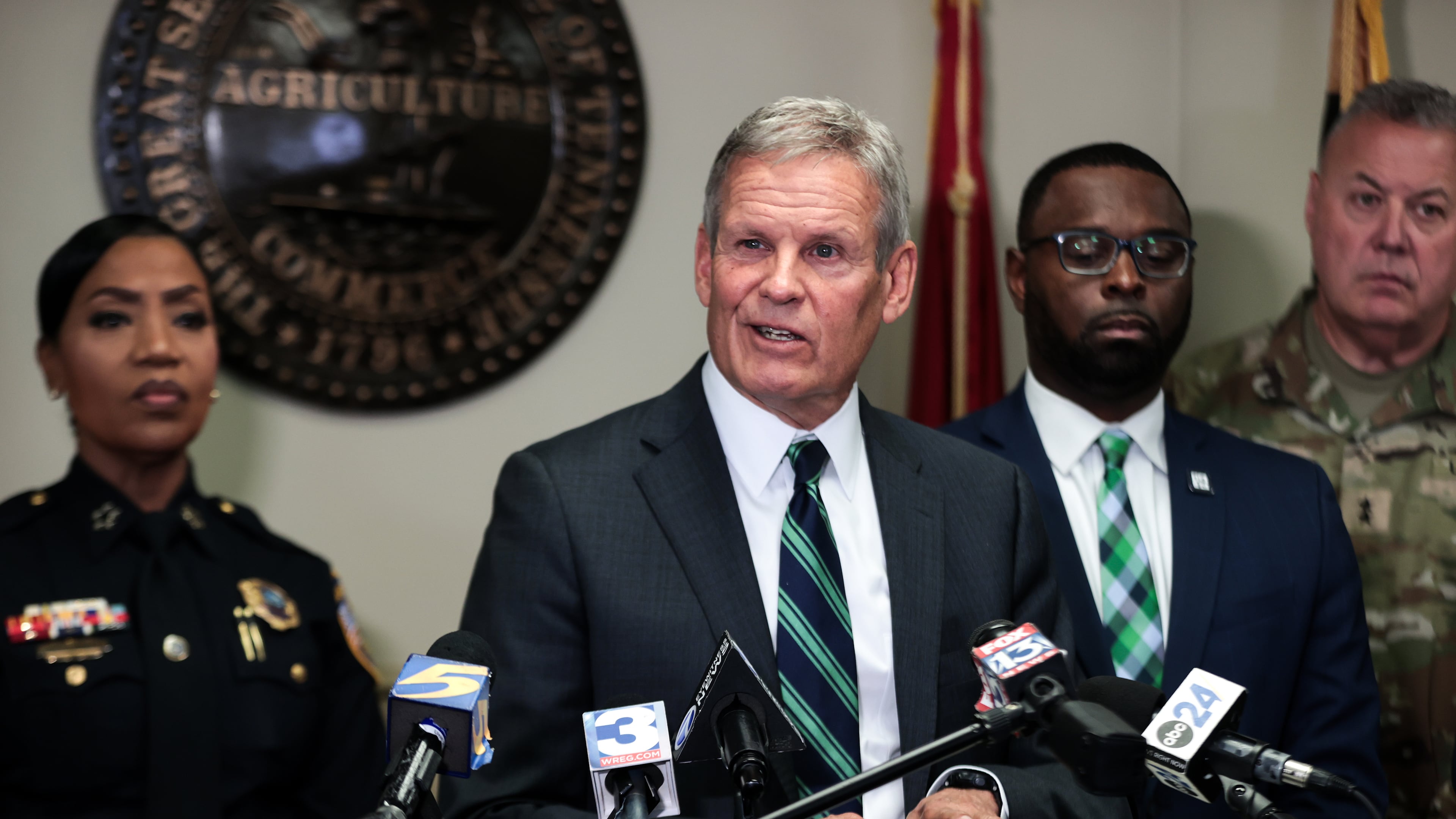 Tennessee Gov. Bill Lee speaks about the National Guard and federal agencies arriving in Memphis, Tenn., during a news conference Friday, Sept. 26, 2025. (Patrick Lantrip/Daily Memphian via AP)