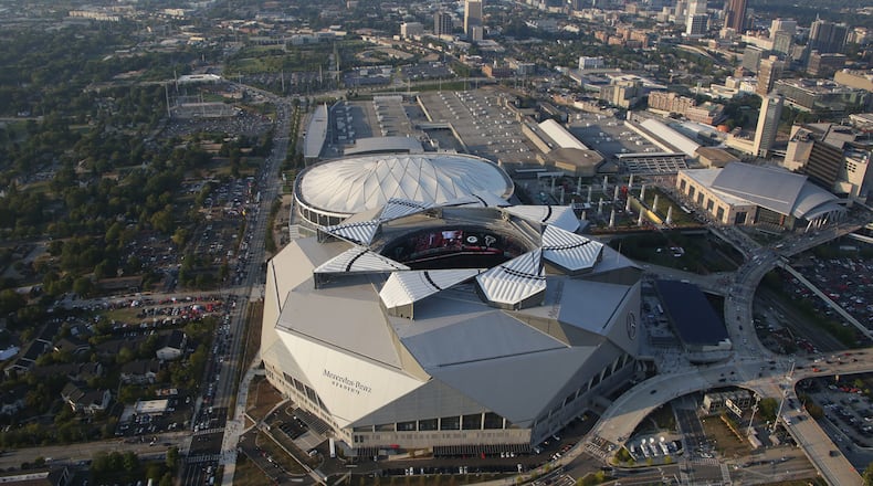 An aerial view of Mercedes-Benz Stadium with its roof open for Sunday night’s Falcons-Packers game. Sunday.