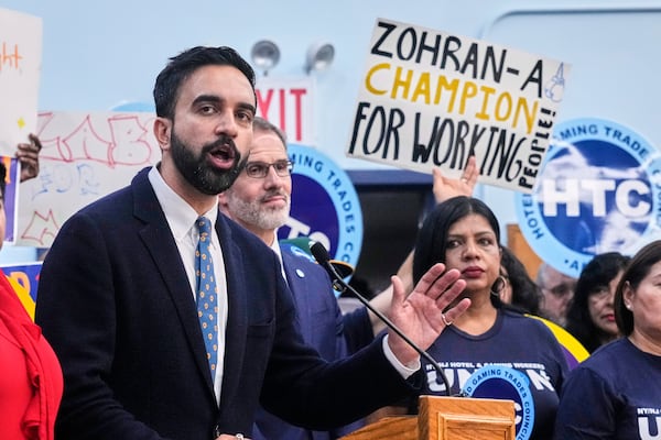 Democrat mayoral candidate Zohran Mamdani speaks during a rally at the Hotel & GamingTrades Council headquarters in New York, Wednesday, July 2, 2025. (AP Photo/Richard Drew)