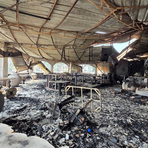 The charred interiors of a nightclub, which caught fire early Sunday, are seen in Arpora, Goa, India, Sunday, Dec. 7, 2025. (AP Photo)