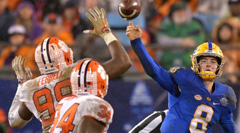 Clemson defensive end Clelin Ferrell harries Pitt quarterback Kenny Pickett at the ACC Championship game.