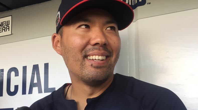 Braves catcher Kurt Suzuki was all smiles after reaching a one-year extension with the team on Friday. (Gabriel Burns/ AJC)