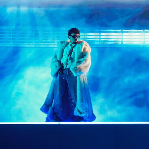 FILE - Bad Bunny performs during the iHeartRadio Music Awards, on Monday, March 17, 2025, at the Dolby Theatre in Los Angeles. (AP Photo/Chris Pizzello, File)