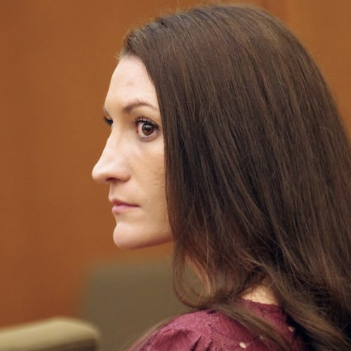 Defendant Lindsay Clancy watches as her attorney Kevin Reddington prepares to interview a witness during proceedings in her murder trial, Friday, Aug. 21, 2026, in Plymouth, Mass. (Mark Chavous /The Enterprise via AP, Pool)