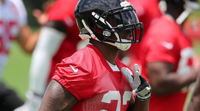 June 13, 2017, Flowery Branch: Atlanta Falcons safety Keanu Neal runs drills to get loose during the first day of mini-camp on Tuesday, June 13, 2017, in Flowery Branch. Curtis Compton/ccompton@ajc.com