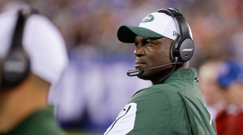 New York Jets head coach Todd Bowles watches his team play during the first half of a preseason NFL football game against the New York Giants Saturday, Aug. 29, 2015 in East Rutherford, N.J. (AP Photo/Seth Wenig)