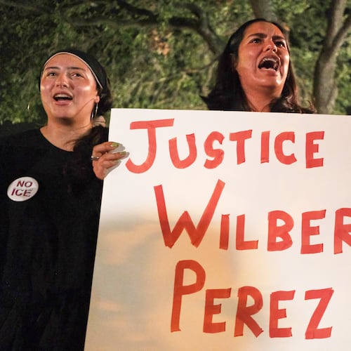 Demonstrators gather in response to the shooting of Wilber Rafael Garces Perez, a Venezuelan man who was shot in his vehicle by an ICE officer the previous day in Austin, Texas, Monday, Sept. 21, 2026. (AP Photo/Joel Angel Juarez)
