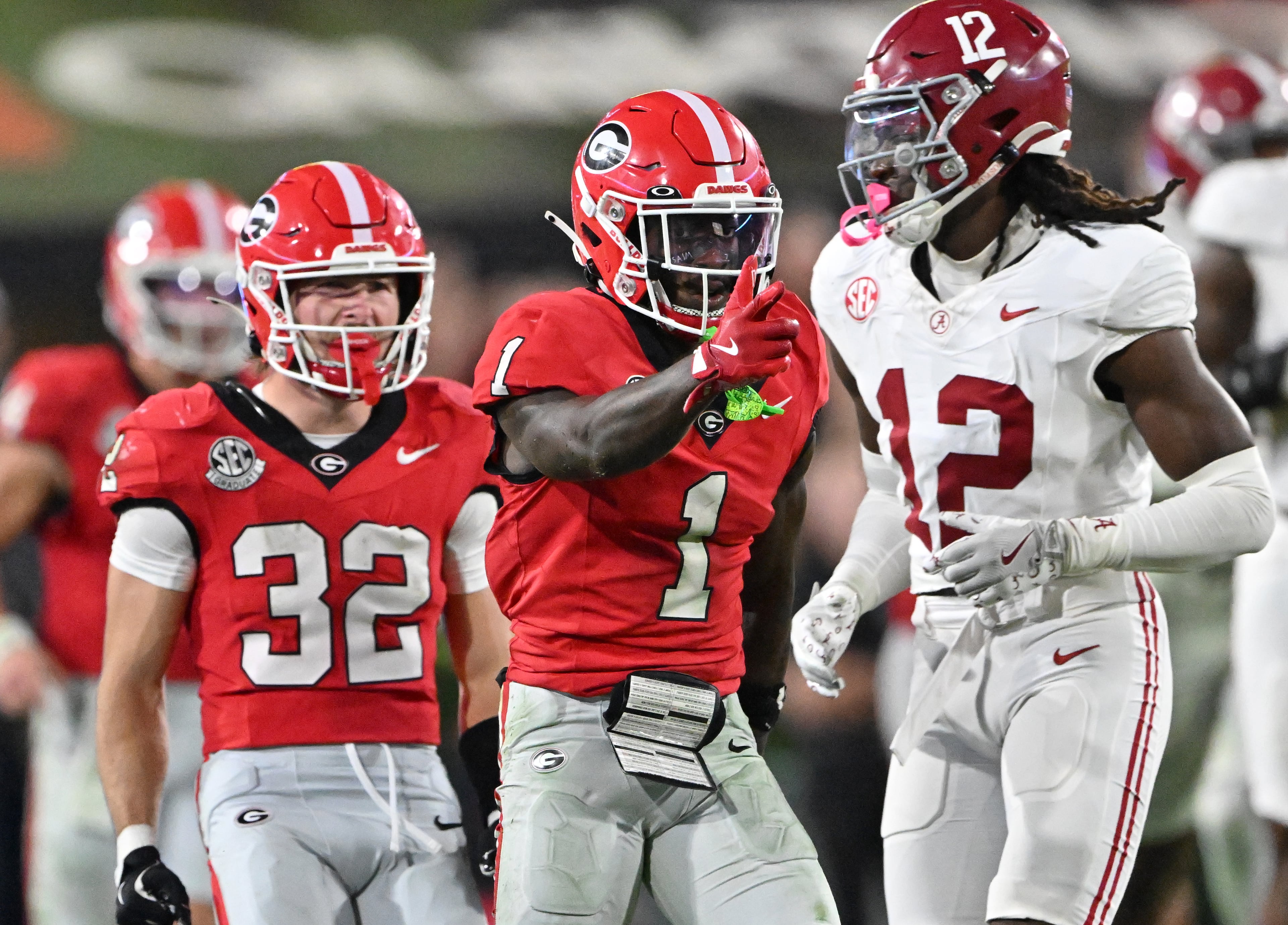 Georgia wide receiver Zachariah Branch (1) reacts after a catch during the second half in an NCAA football game at Sanford Stadium, Saturday, September 27, 2025, in Athens. Alabama won 24-21 over Georgia. (Hyosub Shin / AJC)