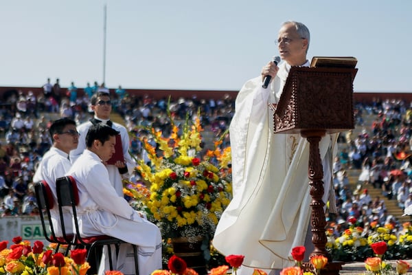 FILE - Pope Leo XIV, then Apostolic Administrator of Chiclayo Robert Prevost, preaches during a Corpus Christi celebration in a stadium in Chiclayo, Peru, Friday, June 19, 2015. (AP Photo/Julio Reano, File)