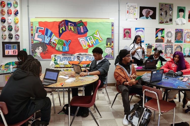 Students at Carver Early College School of Technology attend the school’s art class on Wednesday, Dec. 10, 2025. Atlanta Public Schools plans to convert the campus to a school of the arts that will serve grades 6-12. The plan depends on voters extending a one-cent sales tax for education. (Natrice Miller/AJC)