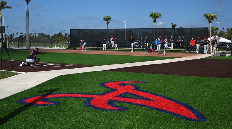 Pitchers get in some work during Thursday's spring training activities at CoolToday Park in North Port, Fla. (Hyosub Shin / AJC)