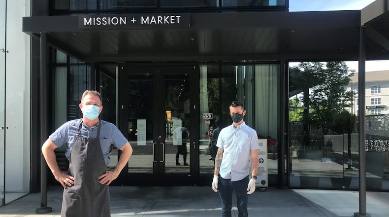 Mission and Market chef-owner Ian Winslade (left) is seen outside the restaurant with General Manager Stephen Racheff. Located in the Alliance Center in Buckhead’s financial district, the restaurant has seen a significant decline in business due to the coronavirus pandemic. LIGAYA FIGUERAS / LIGAYA.FIGUERAS@AJC.COM