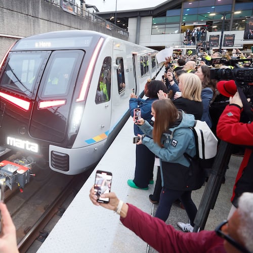 Members of the press and guests record the arrival of the new MARTA train at Lindbergh station on Thursday, Jan. 30, 2025. The agency is in the process of replacing its aging fleet of train cars. (Miguel Martinez/AJC 2025)