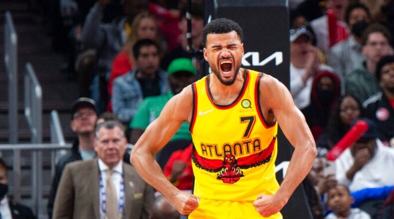 Hawks guard Timothe Luwawu-Cabarrot reacts after scoring during the second half earlier this month against the Nets in Atlanta. (AP Photo/Hakim Wright Sr.)