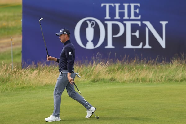 Justin Thomas of the United States walks off the 12th green during a practice round for the British Open golf championship at the Royal Portrush Golf Club, Northern Ireland, Tuesday, July 15, 2025. (AP Photo/Peter Morrison)