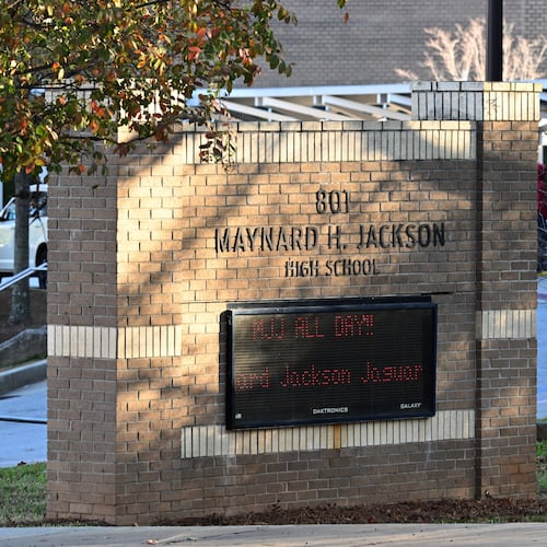 Photo shows Maynard Jackson High School, located near I-20 in Atlanta. Reports say some members of its marching band were subjected to racist language during a football game against Jefferson High last Friday. (Hyosub Shin/AJC 2022)