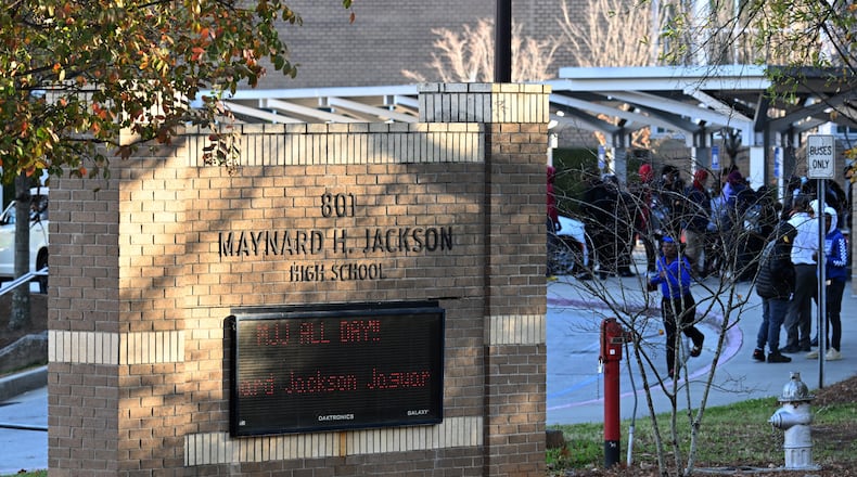 Photo shows Maynard Jackson High School, located near I-20 in Atlanta. Reports say some members of its marching band were subjected to racist language during a football game against Jefferson High last Friday. (Hyosub Shin/AJC 2022)