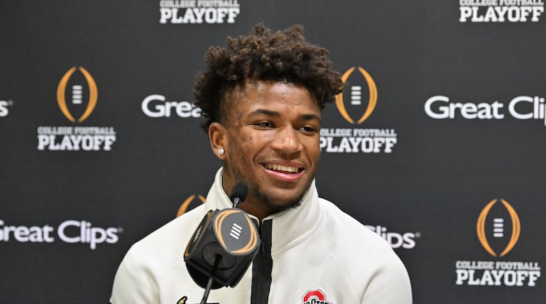 Ohio State safety Caleb Downs, who is from Hoschton, speaks during Media Day at the Georgia World Congress Center ahead of the 2025 College Football National Championship between Notre Dame and Ohio State, Saturday, January 18, 2025, in Atlanta. (Hyosub Shin / AJC)
