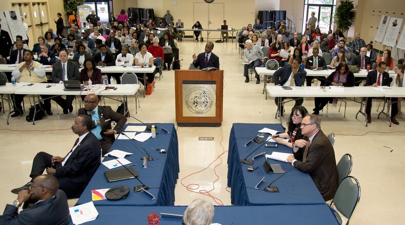 DeKalb CEO Mike Thurmond explains problems and solutions to widespread water overbilling problems Thursday In Decatur. STEVE SCHAEFER / SPECIAL TO THE AJC