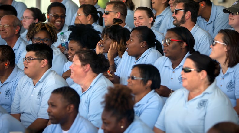 Transportation Security Administration Academy students react to an improvised explosive devise during a demonstration. Georgia plays a central role in TSA’s efforts to improve airport security. The TSA now trains all of its new officers Federal Law Enforcement Training Center in Brunswick under an initiative launched last year by the current TSA administrator Peter Neffenger. (AJC Photo/Stephen B. Morton)