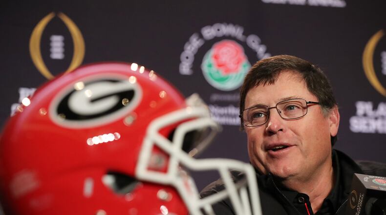 Georgia offensive coordinator Jim Chaney addresses the media about his players during press conferences for the Rose Bowl on Thursday, December 28, 2017, in Los Angeles.  Curtis Compton/ccompton@ajc.com