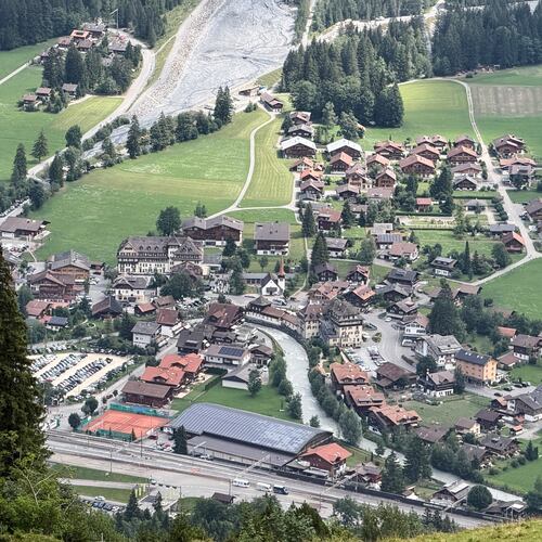 Areal view of the village center of Kandersteg, Switzerland, Tuesday, Aug. 4, 2026. (AP Photo/Hernan Munoz)