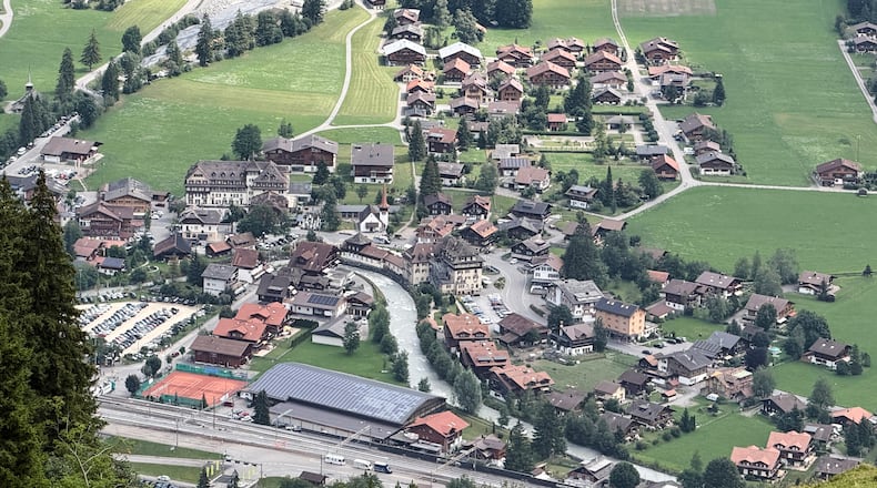 Areal view of the village center of Kandersteg, Switzerland, Tuesday, Aug. 4, 2026. (AP Photo/Hernan Munoz)