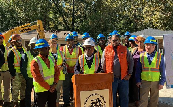 DeKalb CEO Michael Thurmond speaks ahead of the demolition on Melanie Court in 2019. (Courtesy of DeKalb County)