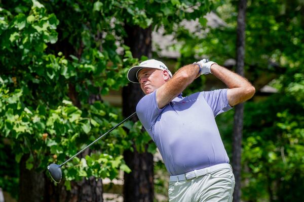 Tournament host Stewart Cink drives the ball at the Mitsubishi Electric Classic, April 26, 2026, at TPC Sugarloaf.  Conk finished fourth. Photo David King.