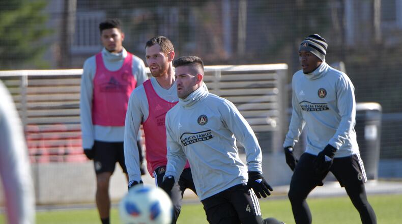 Atlanta United defender Greg Garza (4) works with the ball during their practice at Childrens Healthcare of Atlanta Training Ground in Marietta on Tuesday, December 4, 2018. HYOSUB SHIN / HSHIN@AJC.COM