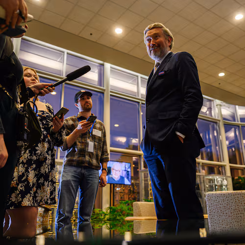 Rep. Thomas Massie, R-KY, speaks to reporters after a Kentucky Educational Television (KET) debate, Monday, May 4, 2026, in Lexington, Ky. (AP Photo/Jon Cherry)