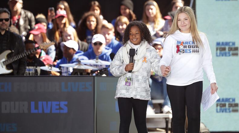 WASHINGTON, DC - MARCH 24:  Marjory Stoneman Douglas High School Student Jaclyn Corin (R) and Yolanda Renee King, granddaughter of Dr. Martin Luther King, Jr. address the March for Our Lives rally on March 24, 2018 in Washington, DC.   (Photo by Chip Somodevilla/Getty Images)