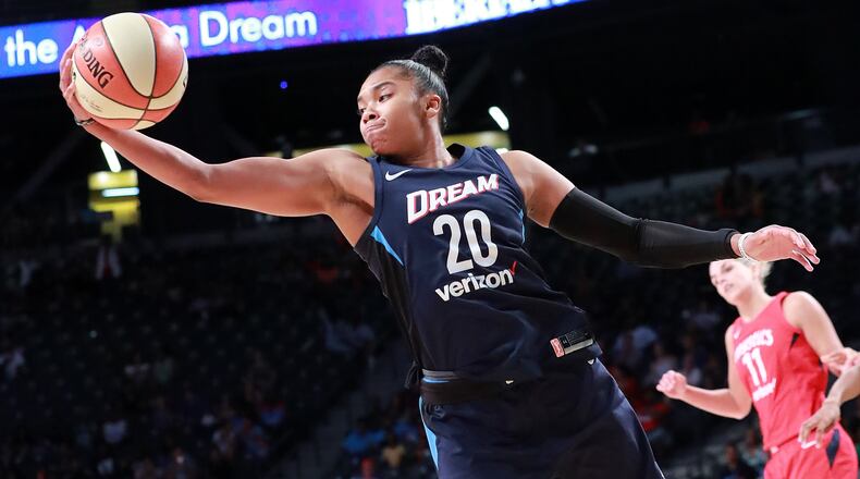 Atlanta Dream guard Alex Bentley gets a rebound against the Washington Mystics during the second half in a WNBA semifinal playoff game on Sunday, August 26, 2018, in Atlanta. The Mystics beat the Dream 87-84. Curtis Compton/ccompton@ajc.com