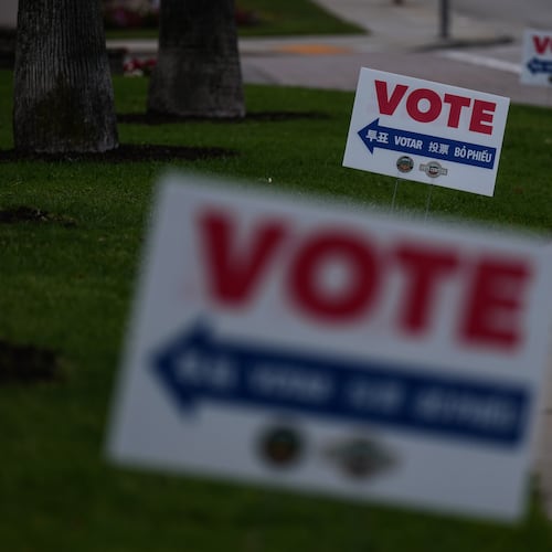 Vote signs are seen outside a vote center in La Habra, Calif., Tuesday, June 2, 2026. (AP Photo/Jae C. Hong)