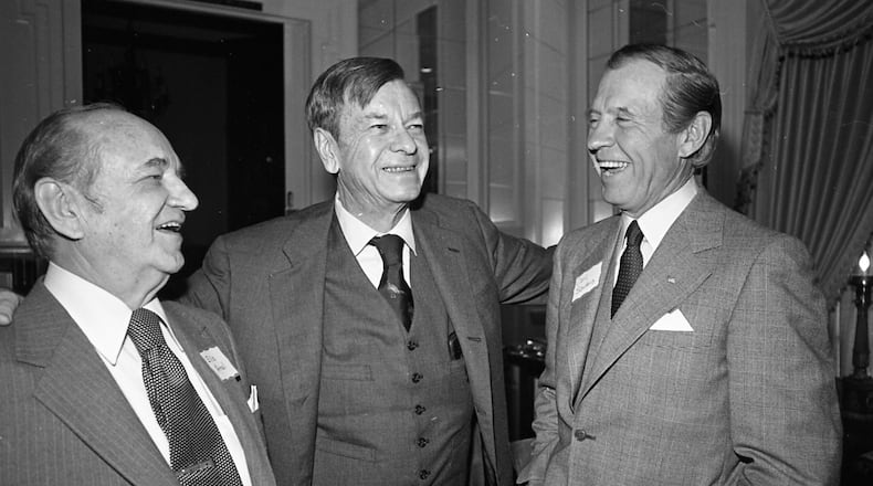 Former Georgia Governors Herman Talmadge (center)  Ellis Arnall (left) and Carl Sanders at the Commerce Club, Atlanta, Georgia, March 6, 1980. LANNA SWINDLER / THE ATLANTA JOURNAL-CONSTITUTION ARCHIVES
