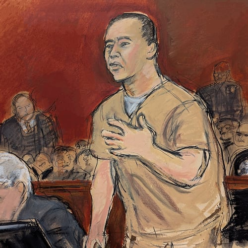In this courtroom sketch, Guo Wengui, Chinese business tycoon, talks at Manhattan federal court in New York, Monday, June 29, 2026. (Elizabeth Williams via AP)