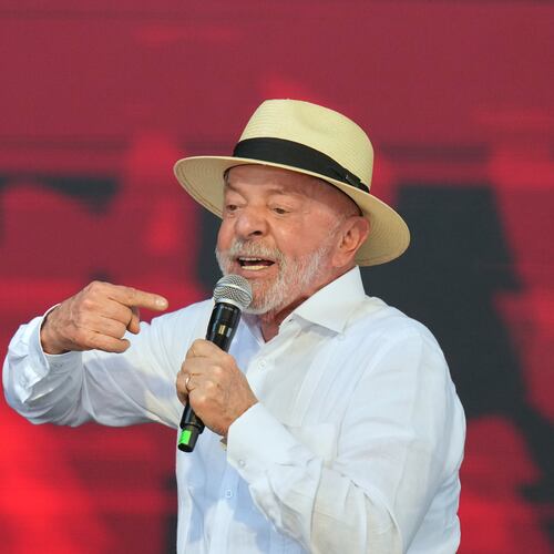 Brazilian President Luiz Inacio Lula da Silva speaks during a meeting with members of the Homeless Workers Movement marking its 30th anniversary in Taboao da Serra, greater Sao Paulo area, Brazil Saturday, Aug. 8, 2026. (AP Photo/Andre Penner)