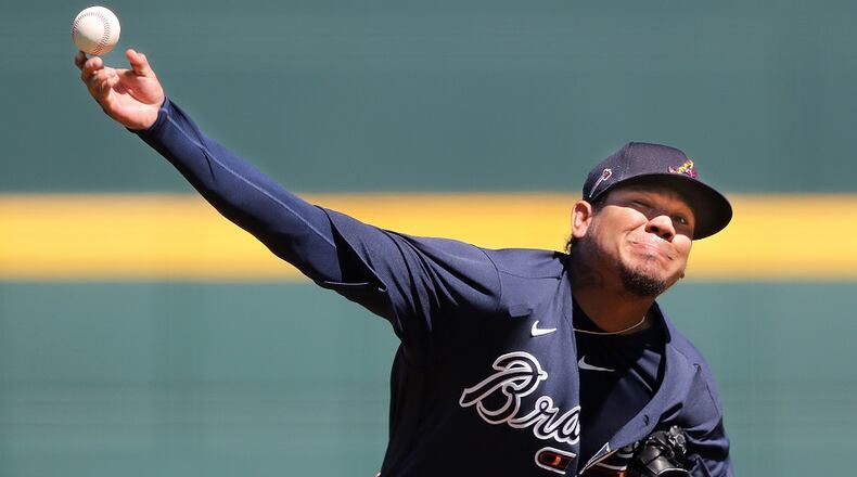 Braves starting pitcher Felix Hernandez delivers a pitch against the Baltimore Orioles at CoolToday Park on Saturday, Feb. 22, 2020, in North Port, Fla. Curtis Compton ccompton@ajc.com