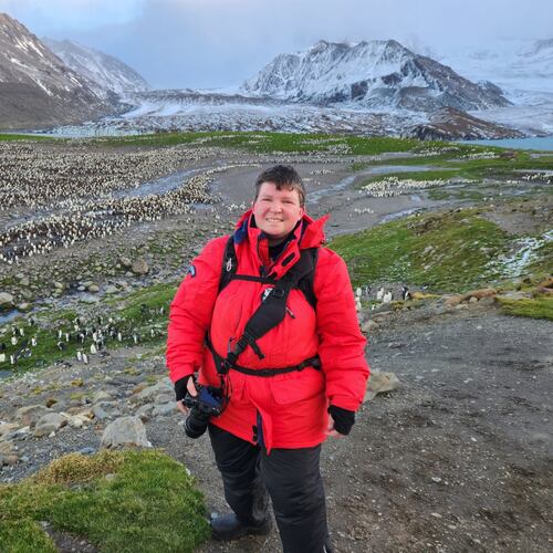 This photo provided by Angela Perryman shows her on South Georgia Island in April 2026. (Courtesy Angela Perryman via AP)