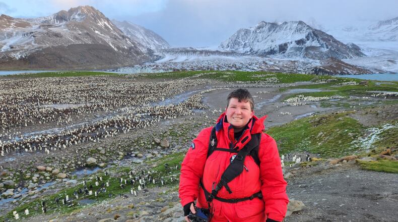 This photo provided by Angela Perryman shows her on South Georgia Island in April 2026. (Courtesy Angela Perryman via AP)