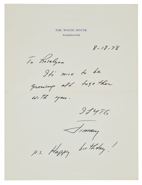 This handwritten birthday note from President Jimmy Carter to first lady Rosalynn Carter is among some of the couple’s belongings Christie’s auction house will sell in January in honor of the 250th anniversary of America’s Declaration of Independence. (CHRISTIE’S IMAGES LTD. 2025)